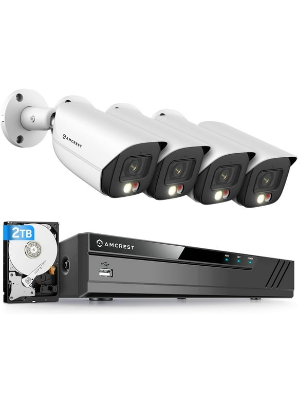 Amcrest 4K Security Camera System, 4K 8CH PoE NVR, (4) x 4K Night Color Bullet POE IP Cameras, Active Deterrent, Pre-Installed 2TB Hard Drive, NV4108E-2796EW4-2TB (White)