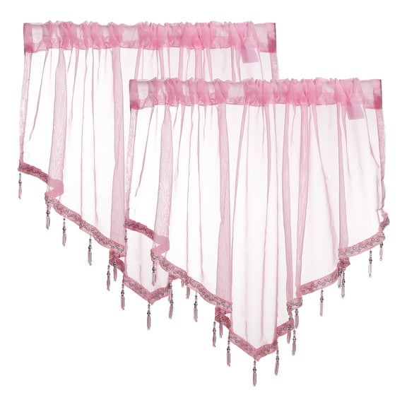 Uxcell 2Pcs Window Valance, 51x24 Inch Beaded Triangle Sheer Valance Curtains Small Short Light Filtering Sheer for Windows Bedroom Bathroom Living Room Kitchen, Light Pink