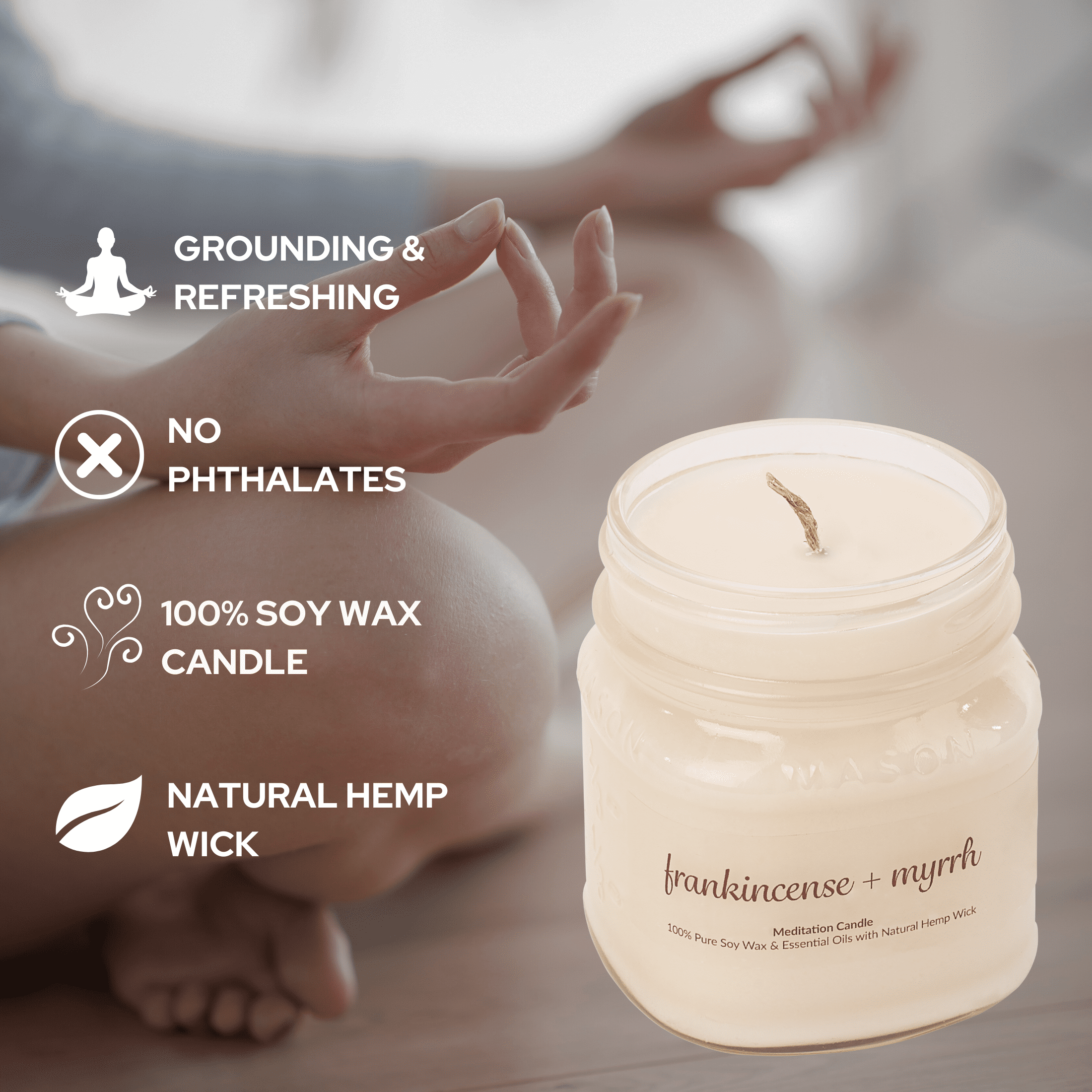 Meditation Soy Wax Candle, Relaxing and Banishing Negative Energy, Non-Toxic Handpoured Essential Oils Glass Jar Candle - Clean Burning, Long Lasting, Candles for Home, Fragrance (Frankincense+Myrrh)