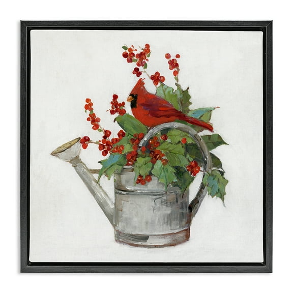 Stupell Industries Cardinal & Watering Can Holiday Painting Black Floater Framed Canvas Art Prints Wall Art, 18 x 18