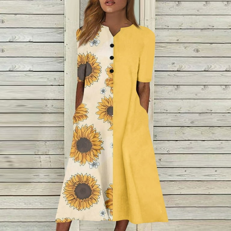 Sunflower-Printed Midi DressサイズS SXAURA Women's V-Neck Short Sleeve Sunflower Print Dress