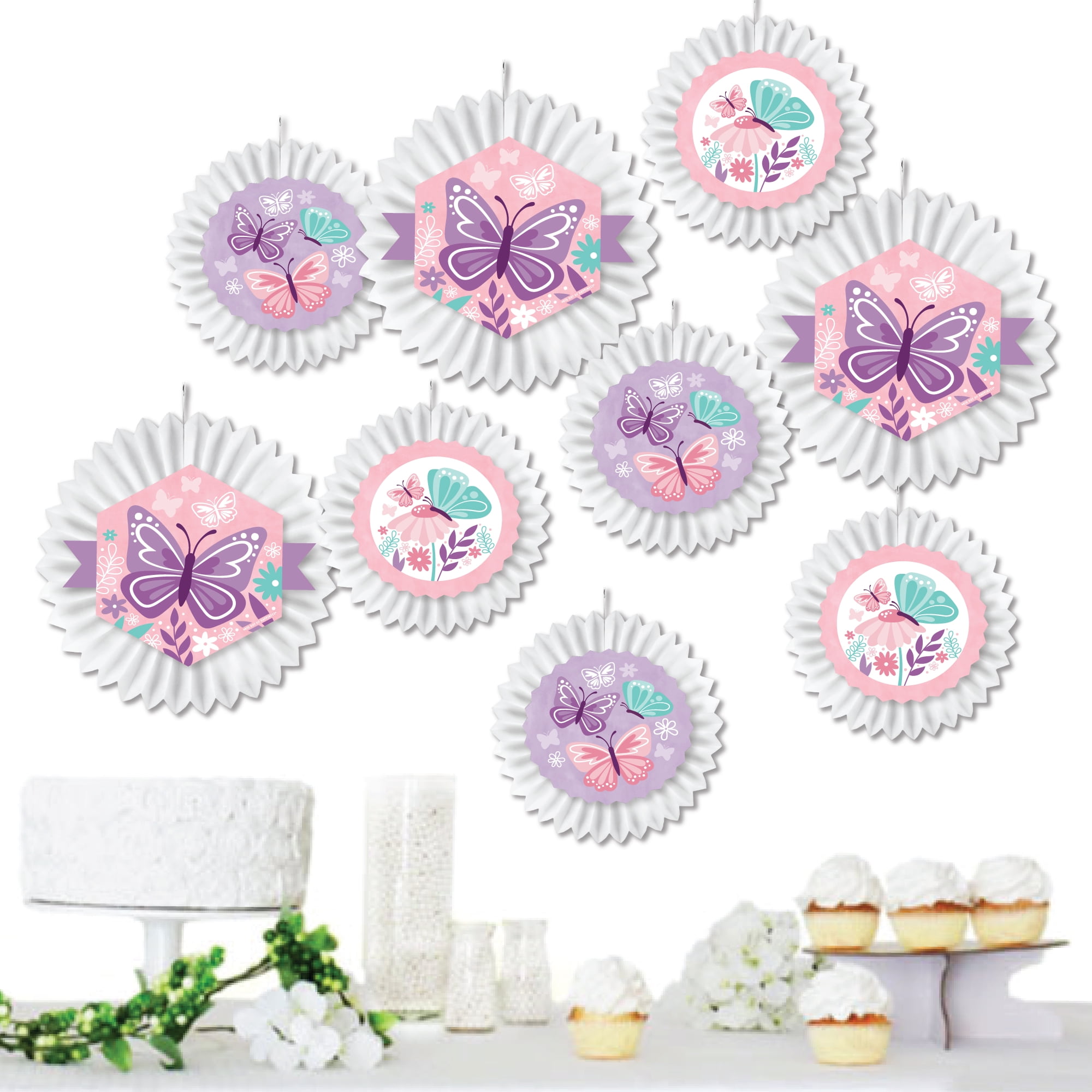 Big Dot of Happiness Beautiful Butterfly - Hanging Floral Baby Shower or Birthday Party Tissue Decoration Kit - Paper Fans - Set of 9