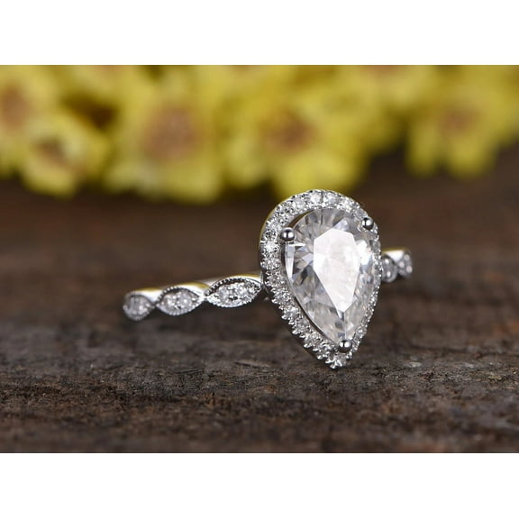 Brig Jewel 14K White Gold Plated Gift Ring - Prong Set 1.8 Ct Pear Cut Lab Created Diamond - Halo Wedding Engagement Ring Set for Women - Birthday Surprise Jewelry