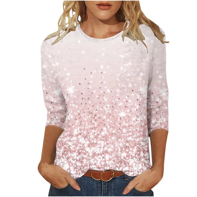 Bowake Hauts d'Été pour Femmes 2024 Col Rond Manches 3/4 T-Shirts Pailletés Scintillants pour Femmes T-Shirts Décontractés Chics Roses 6
