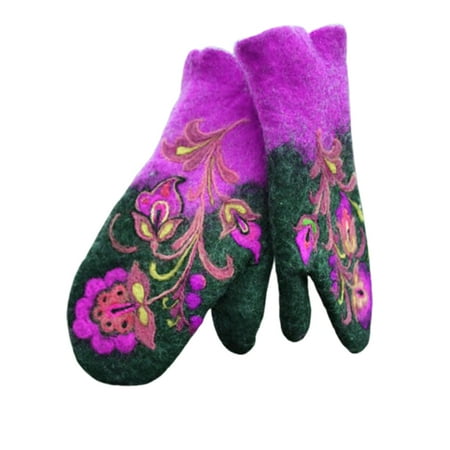 

harmtty 1 Pair Patchwork Color Full Finger Women Gloves Christmas Gift Retro Embroidery Flowers Gloves for Outdoor Purple