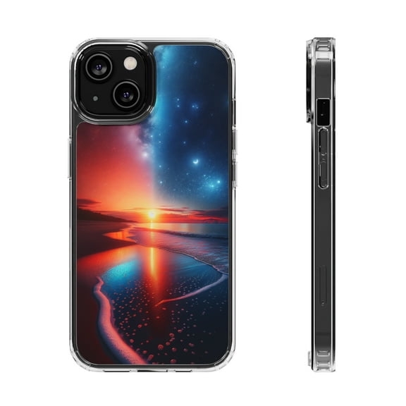 DistinctInk Hybrid (Acrylic / TPU) Clear Slim Fit Case for Apple iPhone 13 (6.1" Screen) - "Twilight's Dance: Sunset, Stars, and Serenity"