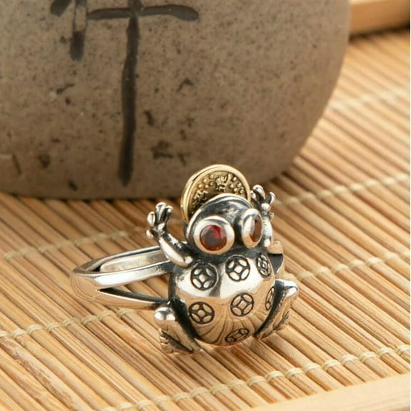 K-KED Red Jade Golden Frog Rings Natural Delicate Jewelry 925 Silver Women Adjustable Ring