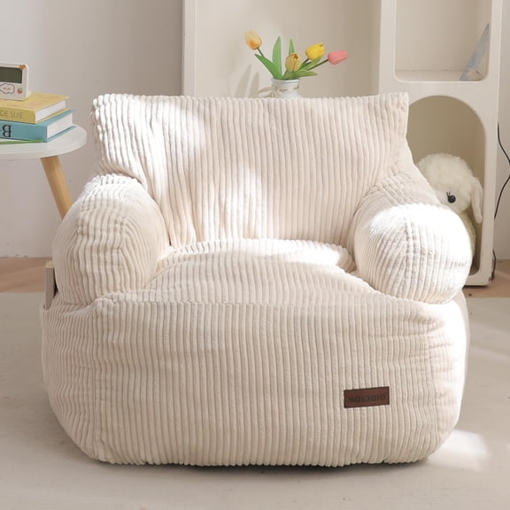 Kids Bean Bag Chair for Boys Girls, Stuffed Bean Bag Sofa Lazy Floor Chair with Pocket, for Gaming Reading, Beige