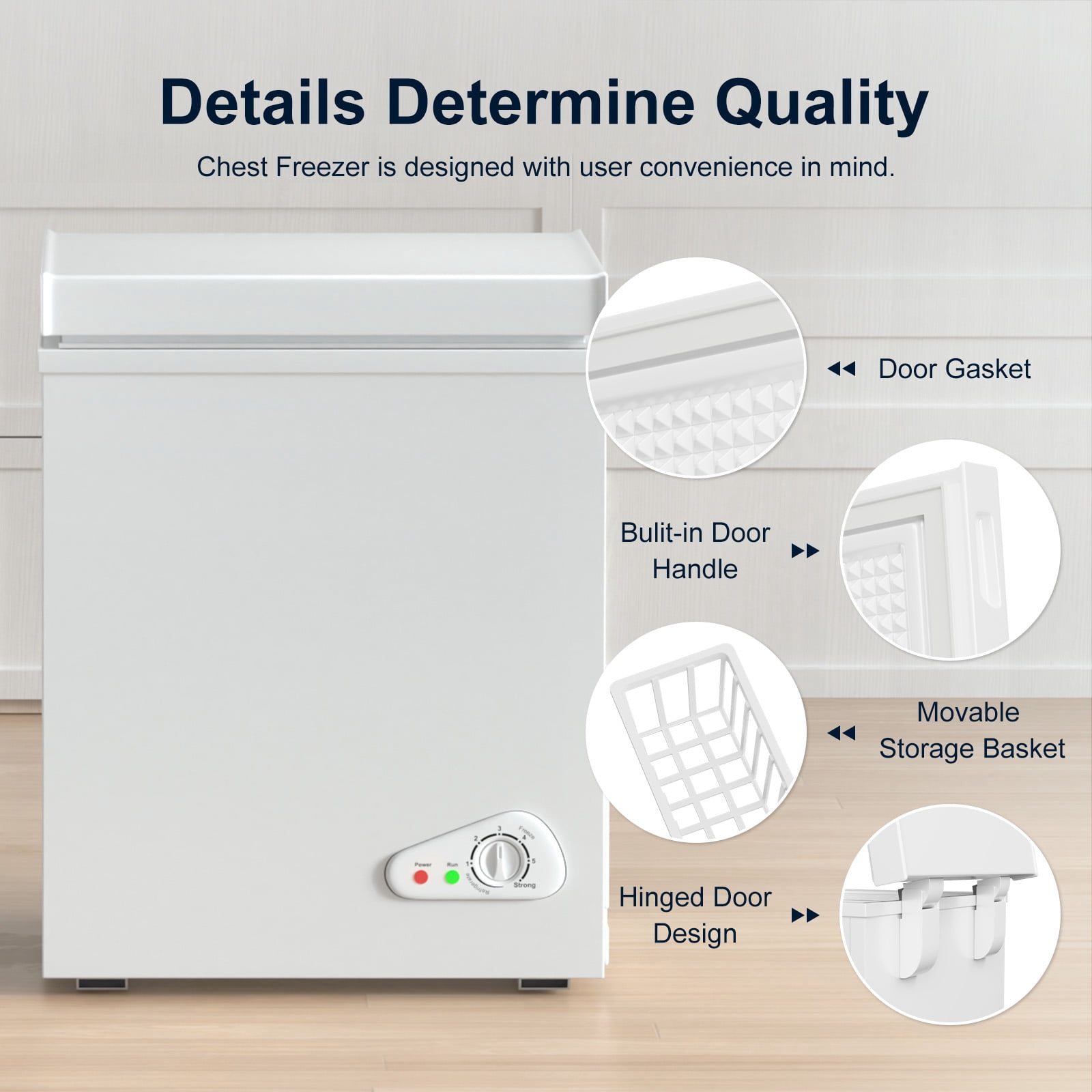 DISHUP 5.0 Cu.Ft Chest Freezer, Compact Freestanding Deep Freezer with 7 Level Adjustable Thermostat & Removable Basket,Top Opening, Low Noise(White)