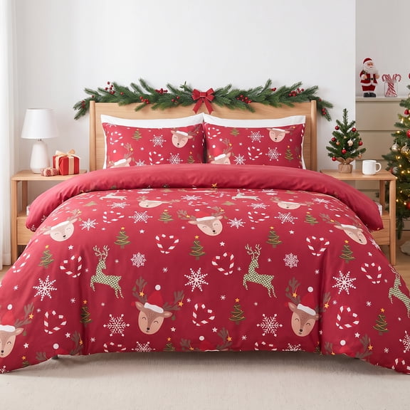 Gogreen Queen Duvet Cover Floral, Soft & Breathable Microfiber 3 Pieces Queen Bedding Sets, Pattern Queen Comfy Duvet Cover, with Zipper Closure (Christmas Elk, Queen)