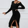 thumbnail image 5 of SWSMCLT Women's Long Sleeve High Split Bodycon Dress Sexy Drawstring Ruched Cold Shoulder Mini Dresses Black Small, 5 of 5