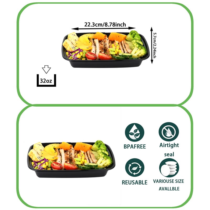 Meal Prep Containers Black, 50 Packs Plastic Food Storage Containers with Lids, 32oz Bento Box Reusable, To Go Containers Disposable, BPA Free