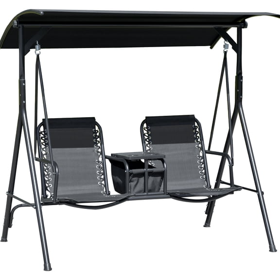 2 Patio Swing Chair With Canopy. Pivot Storage Table, Cup Holder, Adjustable Shade. Structure Build. Holds 2 Adults, 264lbs Per Seat. Black Canopy Seat And Holder - For Outdoor