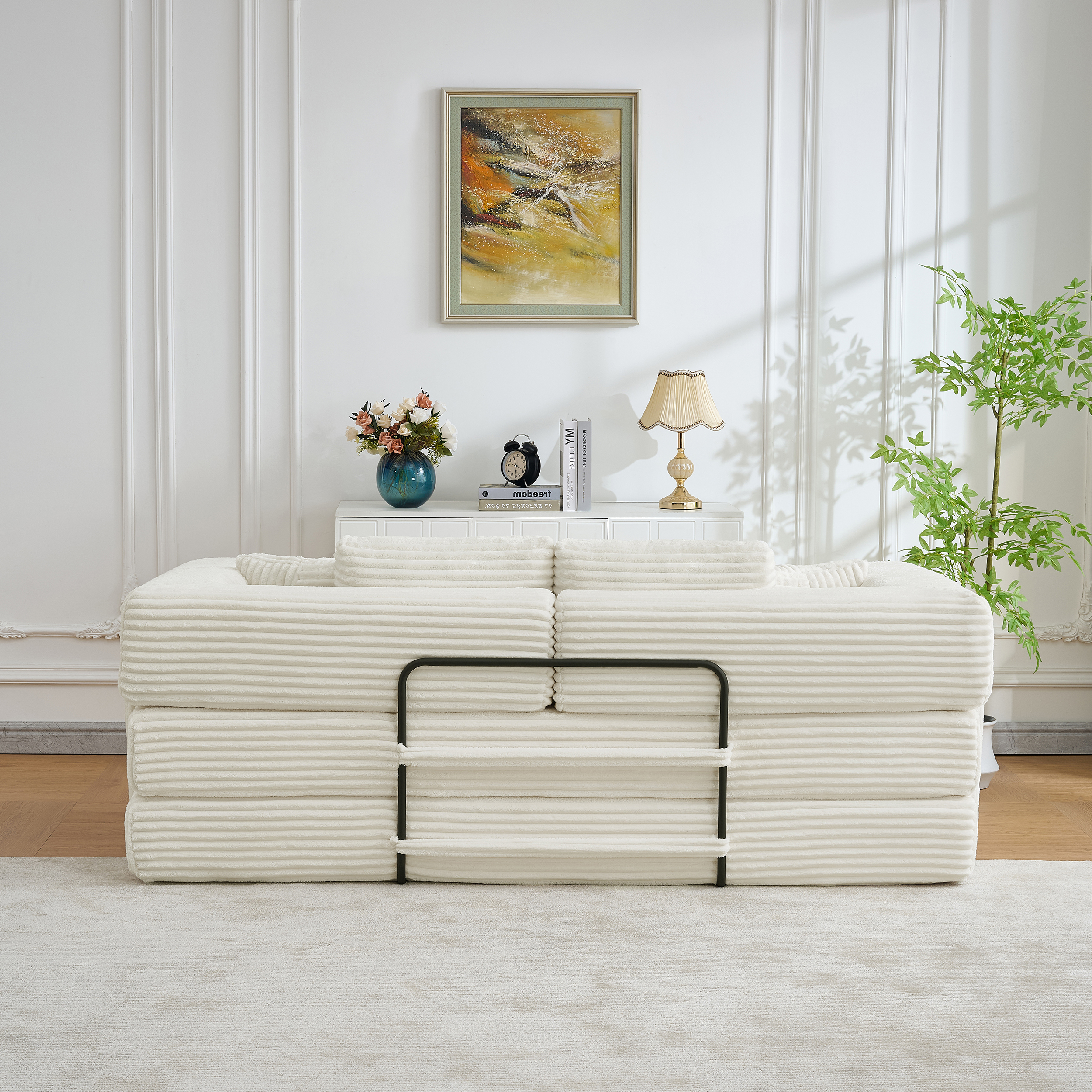 Convertible Foldable Sleeper Sofa Bed with Storage Pockets, No Assembly Folding Floor Couch with 4 Pillows, Daybed Futon, Beige Upgraded