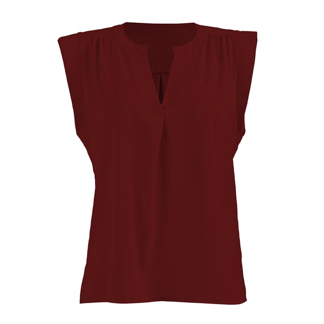 Blusa George para Dama, Kimona Cuello Tipo Mao, Plisado en Hombros, Tablon en Escote Vino Talla M