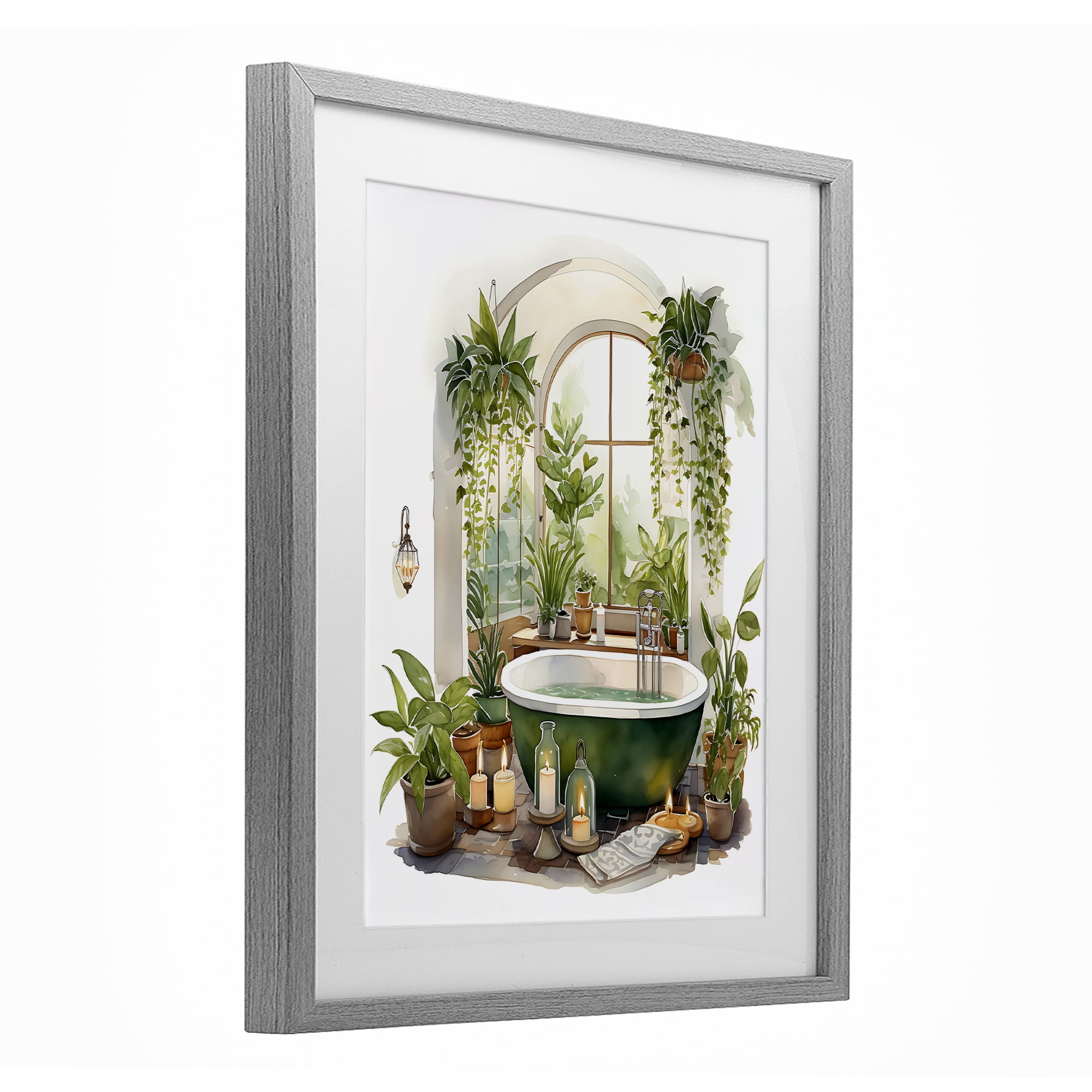 Tranquil Tub with Candles & Greenery Gray Framed Print Under Glass, design by Lettered and Lined