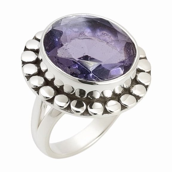 SATYAVIE JEWELLERY Solid 925 Sterling Silver Ring For Womens Amethyst Ring Sterling Silver Boho Ring February Birthstone Round Gemstone Ring Size US 4