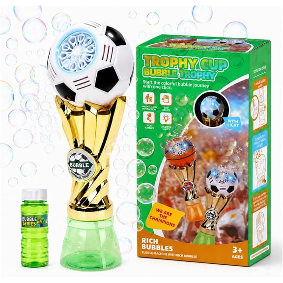 Lenbar Light-Up Soccer Trophy Bubble Machine with Bubble Solution, Automatic Bubble Blower, Leak-Resistant Tray, Outdoor Bubble Toy for Kids Ages 3-8