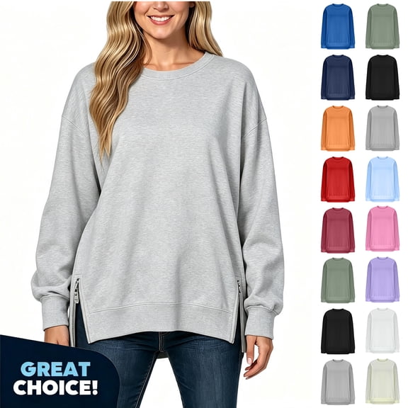 YODETEY Women's Crewneck Sweatshirt with Long Sleeve,Casual Side Zipper Sweatshirts, Women's Plus Gray,Size S