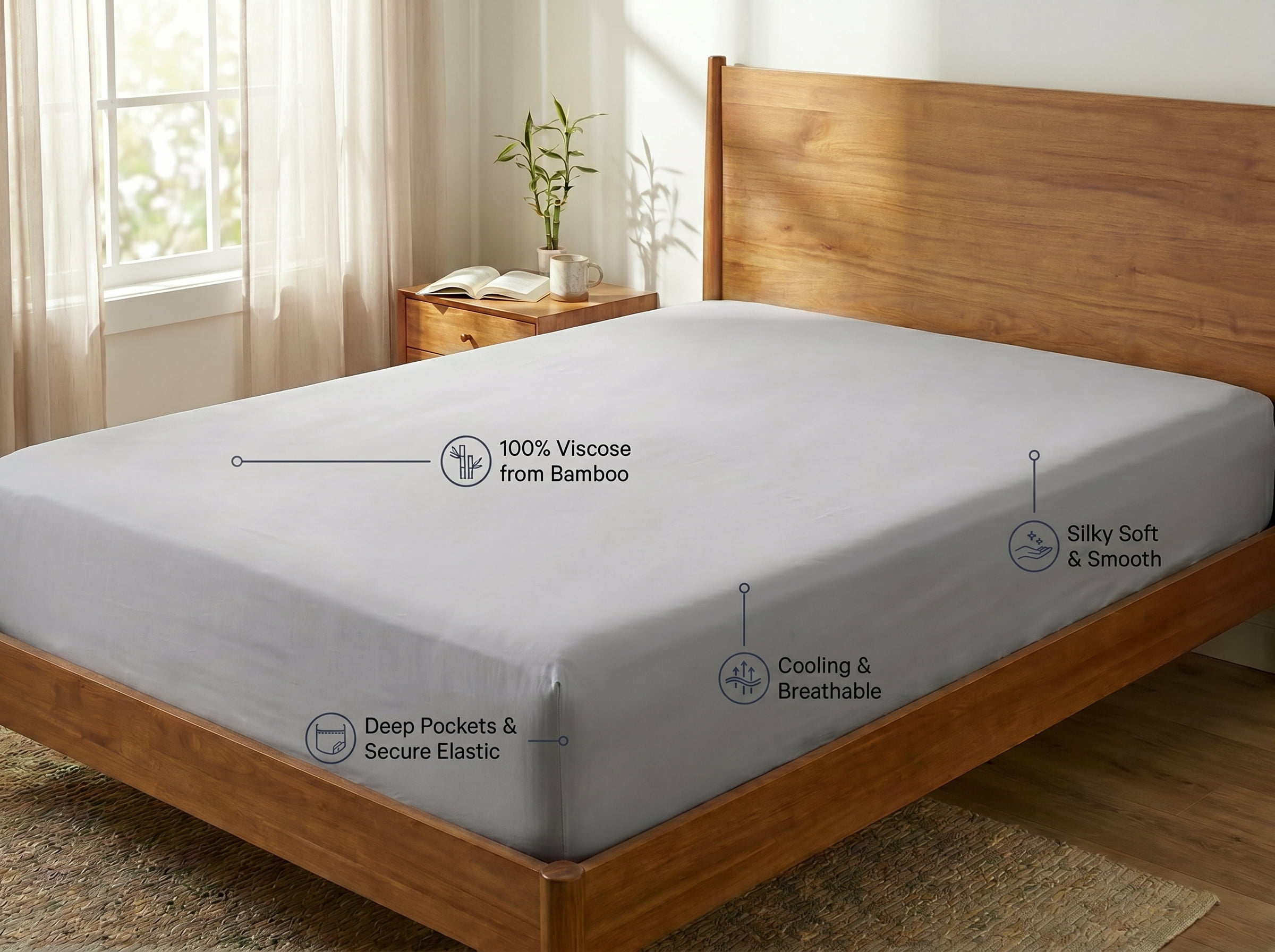 1-PC Fitted Sheet Only - 100% Viscose Derived from Bamboo Queen Size 1000 Thread Count - Breathable & Cooling for Hot Sleeper, Hotel Luxury - 16" Deep Pocket - Light Gray
