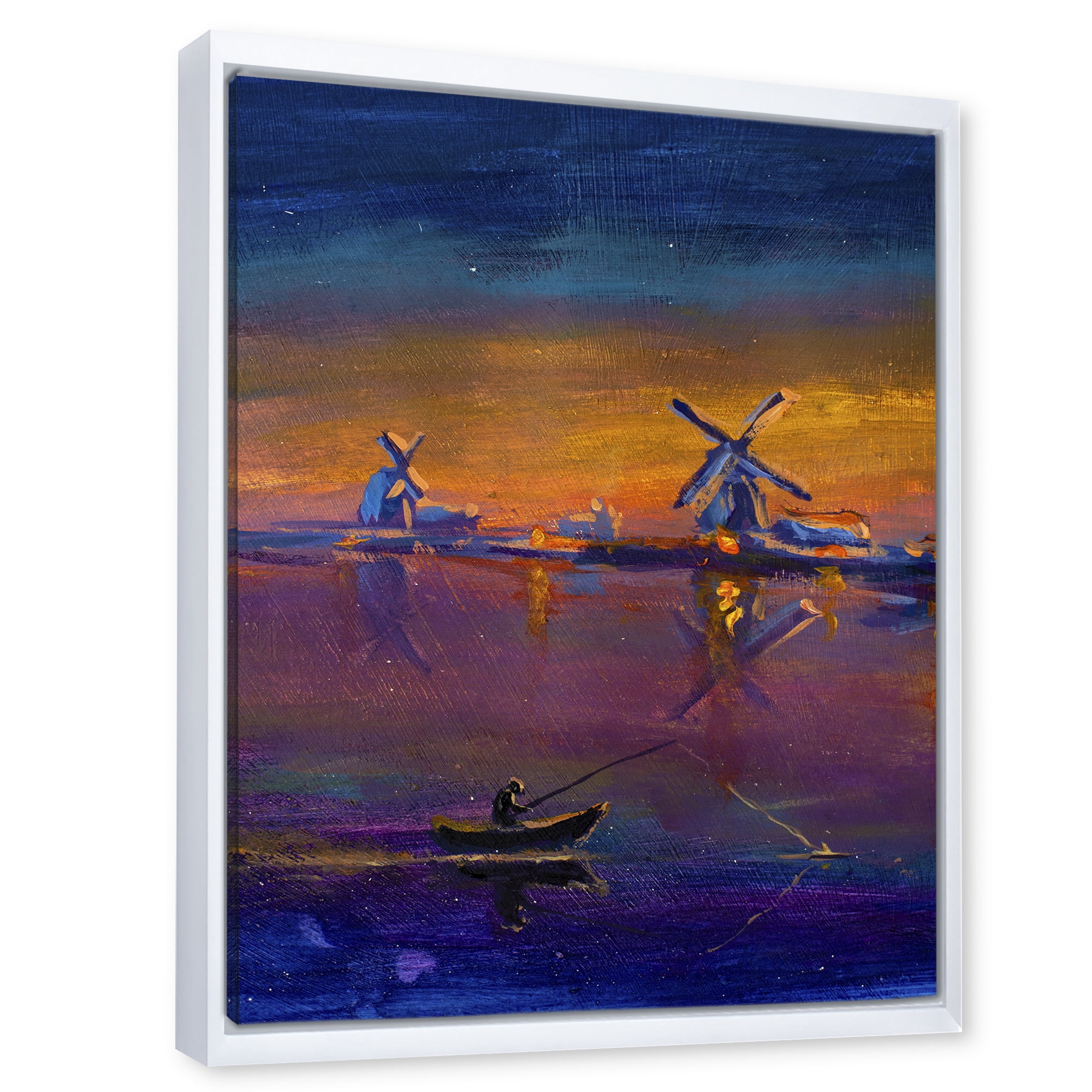 Evening Fishing Near The Traditional Windmill 30 in x 40 in Framed Painting Canvas Art Print, by Designart