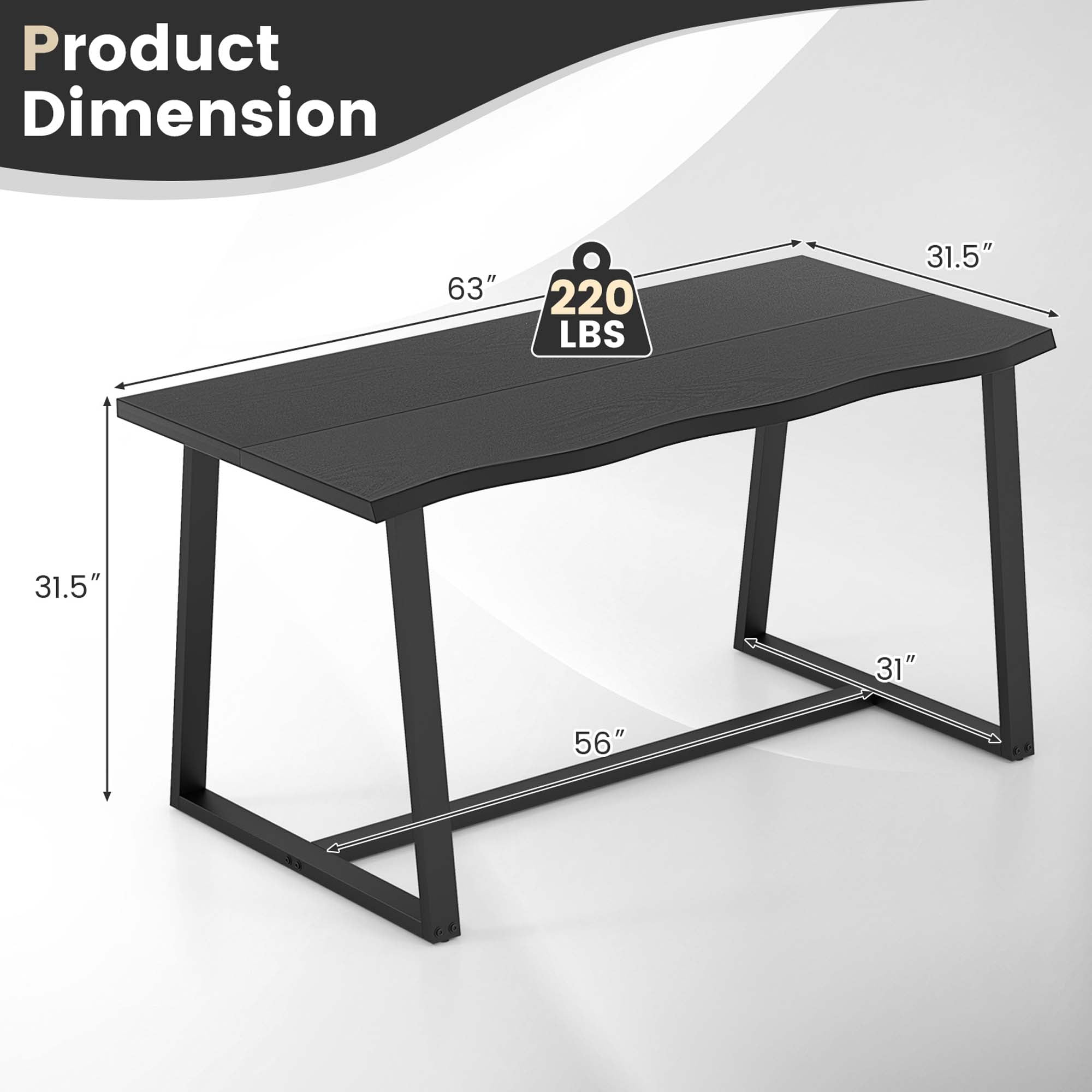 Costway 63" Large Dining Table for 4-6 People with Wavy Edge Heavy-duty Metal Frame Black