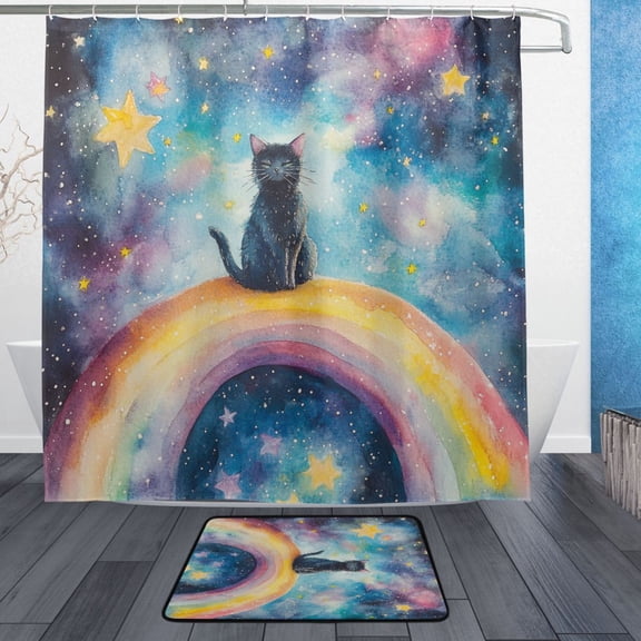 BZSMCE Shower Curtain and Bath Accessory Set,Whimsical Cat on A Rainbow Pattern