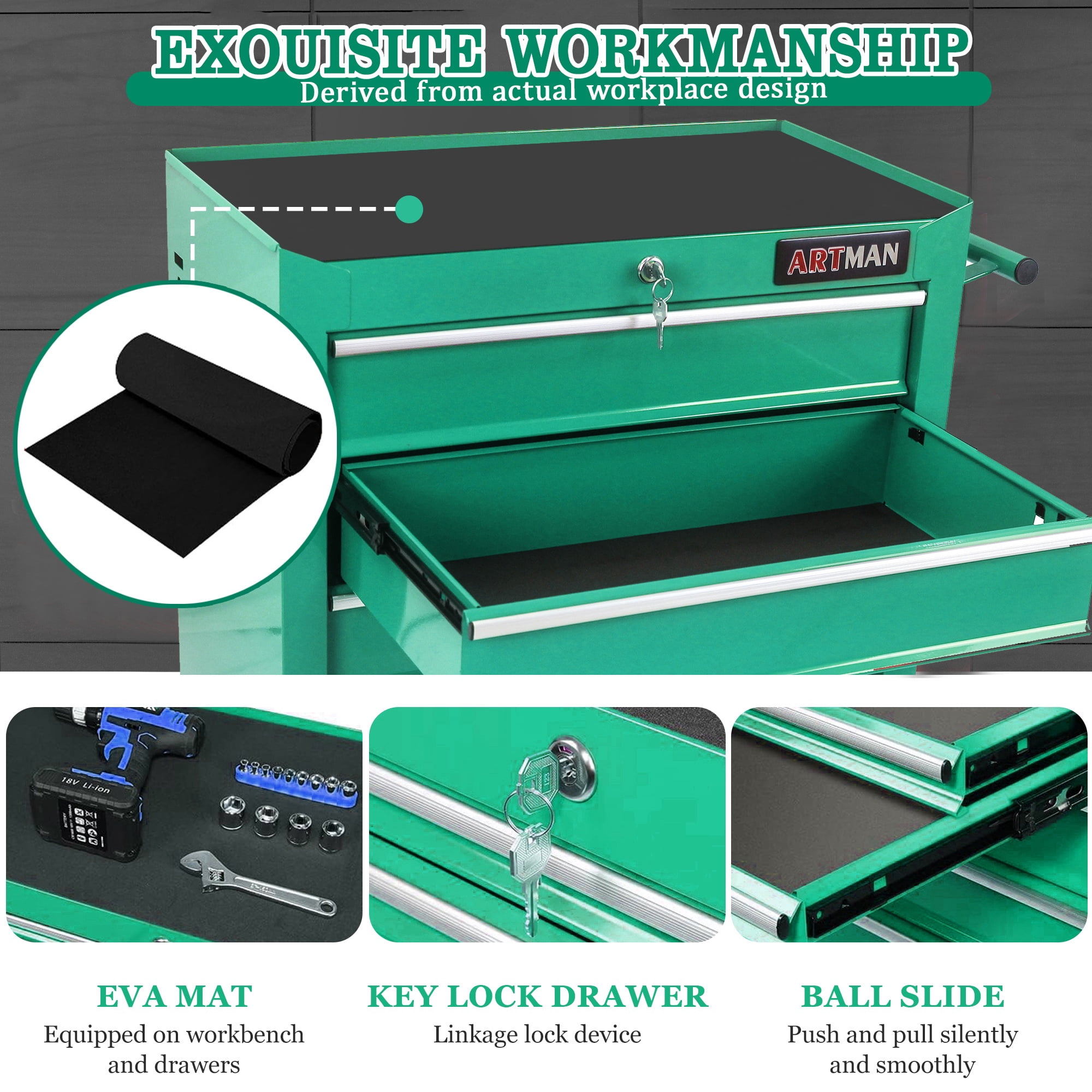 Seizeen Cold Rolled Steel 5-Drawers Tool Chest, Rolling Tool Box on Wheels for Garage Workshop, Green Tool Storage Cabinet