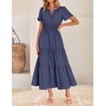 thumbnail image 3 of Vestido midi ZESICA, casual de verano, manga corta, cuello en V, azul marino, 3 of 9