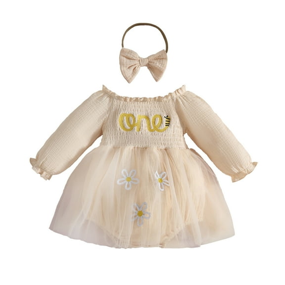 SUYOLL Infant Girls Dress Long Sleeve Embroider Romper Bodysuits Dress Headbands Set Casual Sundress