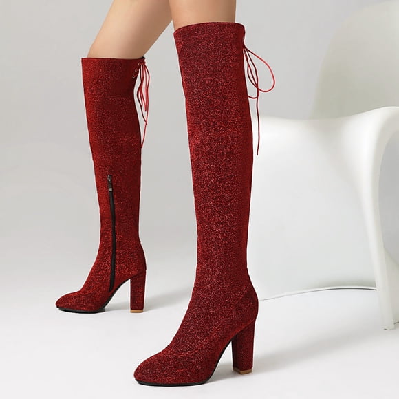 Amzcrzy Knee High Boots Women Women's Fashion Casual Versatile Sweet Cool Sequin Fashionable Fall and Winter Style Trendy Thick Heel Side Zipper Knee-High Boots Thigh High Boots Women's Boots
