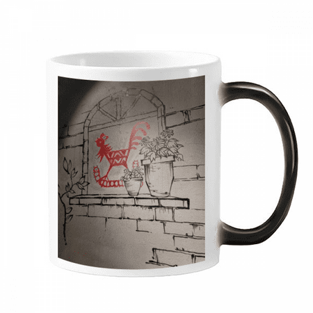 

Chinese Paper-cut Style Red Rooster Potted Mural Mug Changing Color Cup Morphing Heat Sensitive 12oz