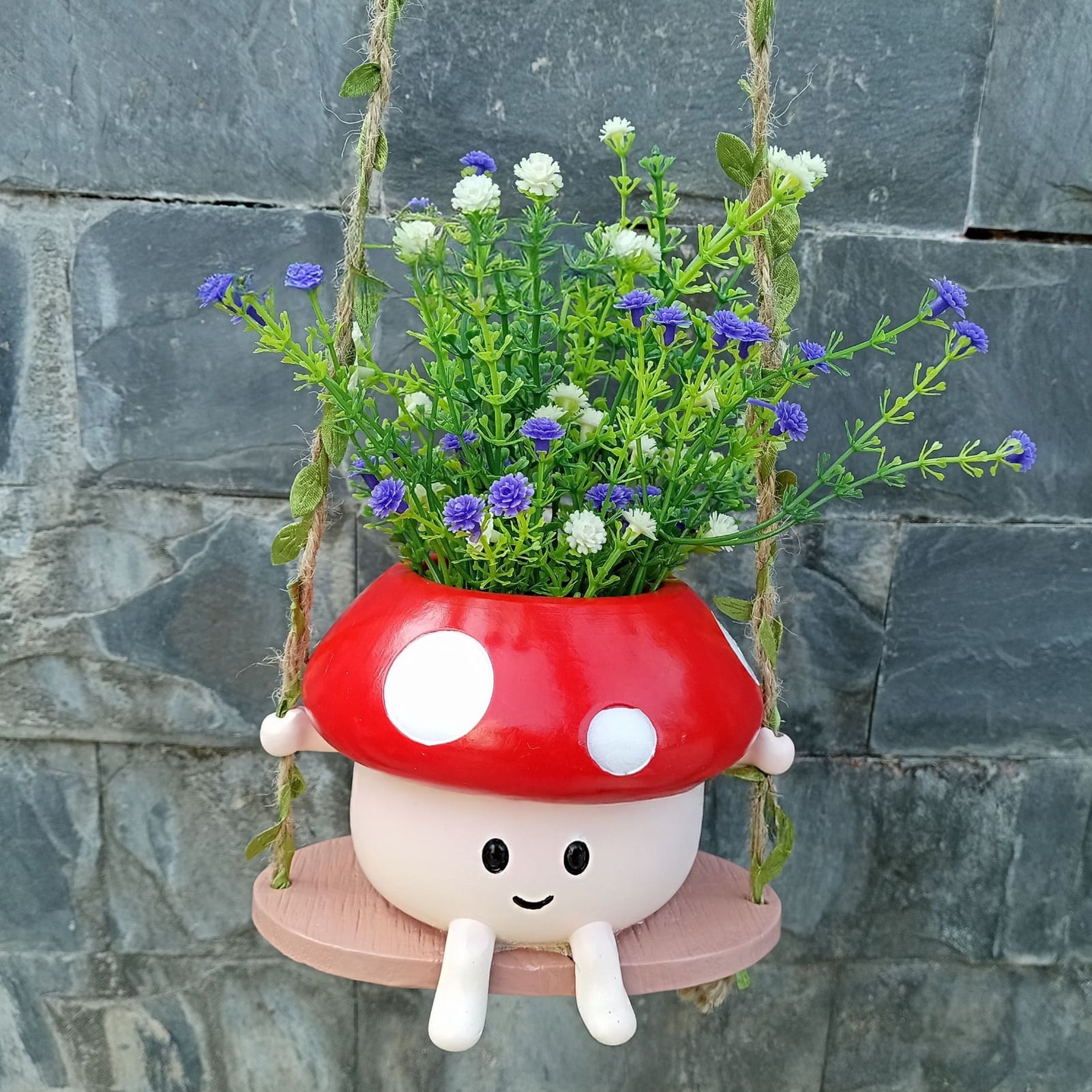 Opvise Low-Maintenance Cartoon Face Mushroom Swing Hanging Planter Pot with Wooden Holder, Lightweight Resin Ceramic Flower Pot for Indoor Outdoor Plants, Decorative Garden Decor
