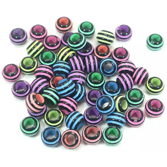 U8MO 200 Black with Neon Coloured Stripe Round Pony Beads 10mm for Kids Craft Kandi