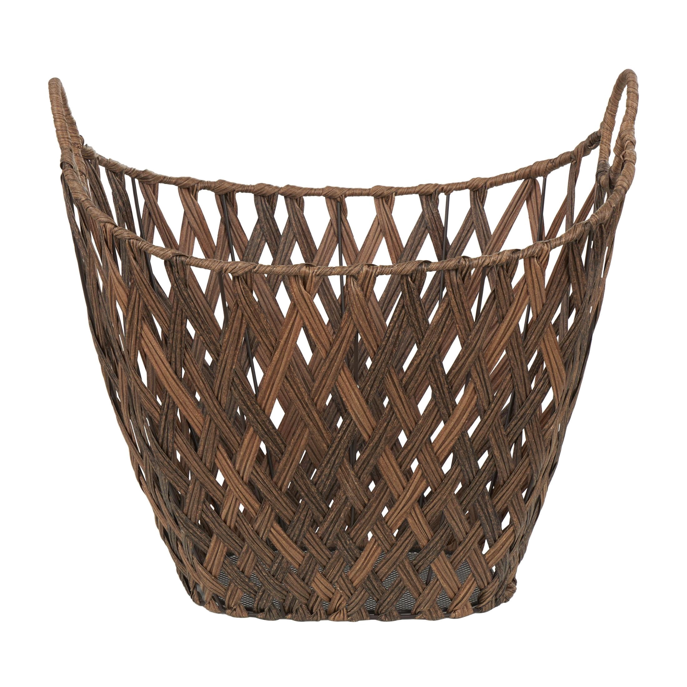 DecMode 21" x 19" Bronze Plastic Rattan Geometric Open Frame Woven Storage Basket with Ring Handles, 1-Piece