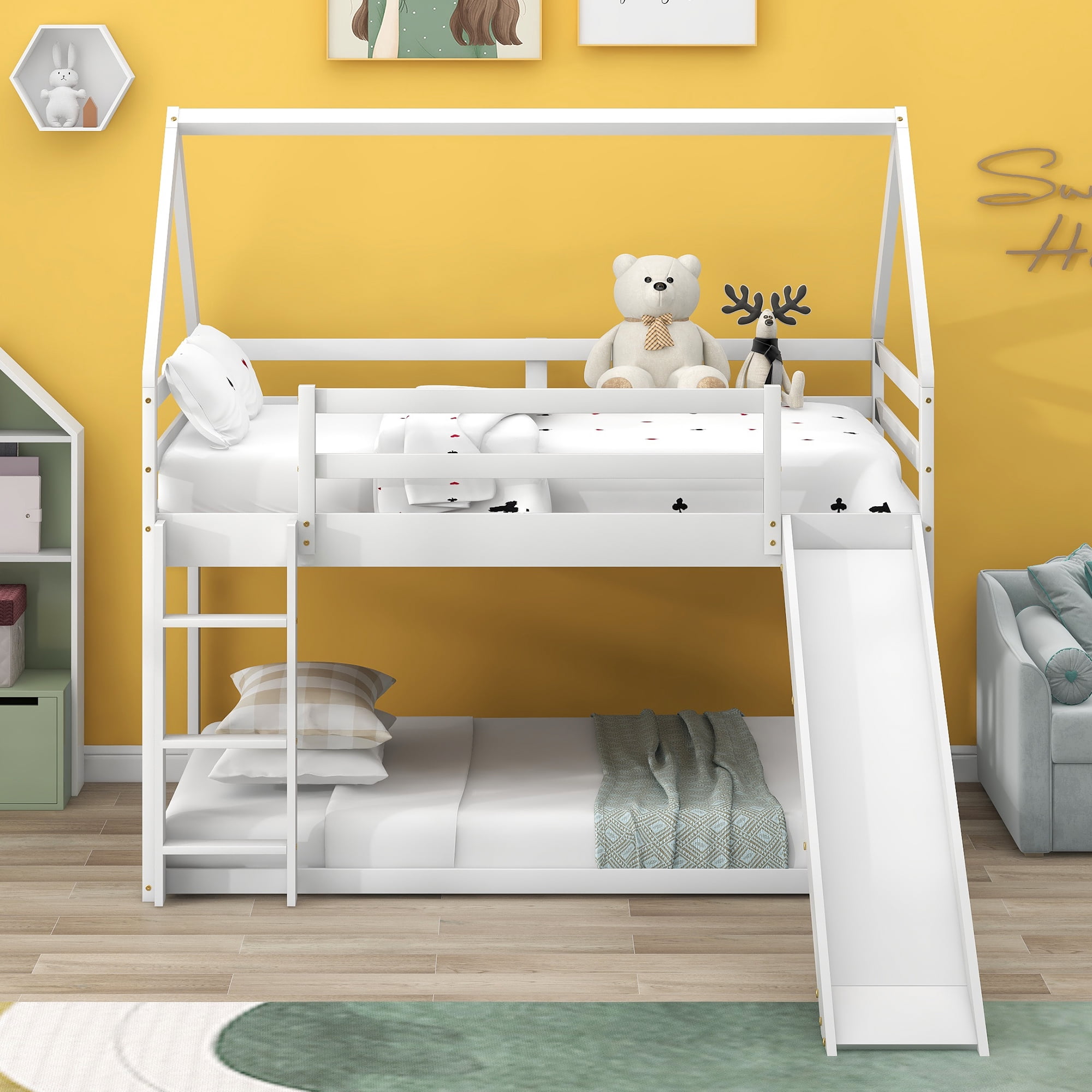 Euroco Pine Wood Bunk Bed, Twin-over-Twin with Slide for Kids Teens Bedroom, White