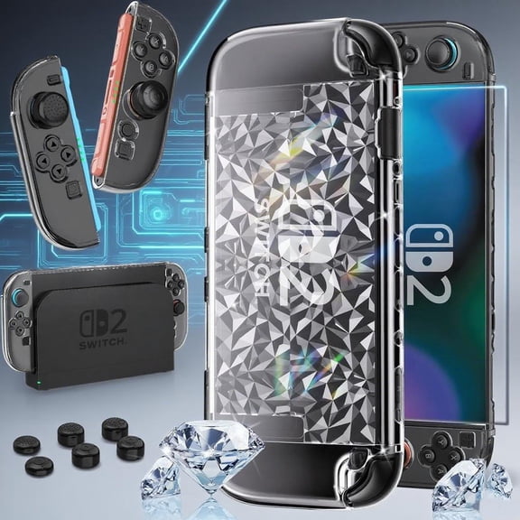 Switch 2 Case for Nintendo Switch 2 Accessories (2025), Transparent Protective Case with Screen Protective Film and Grip, AntiScratch and Shock Absorption