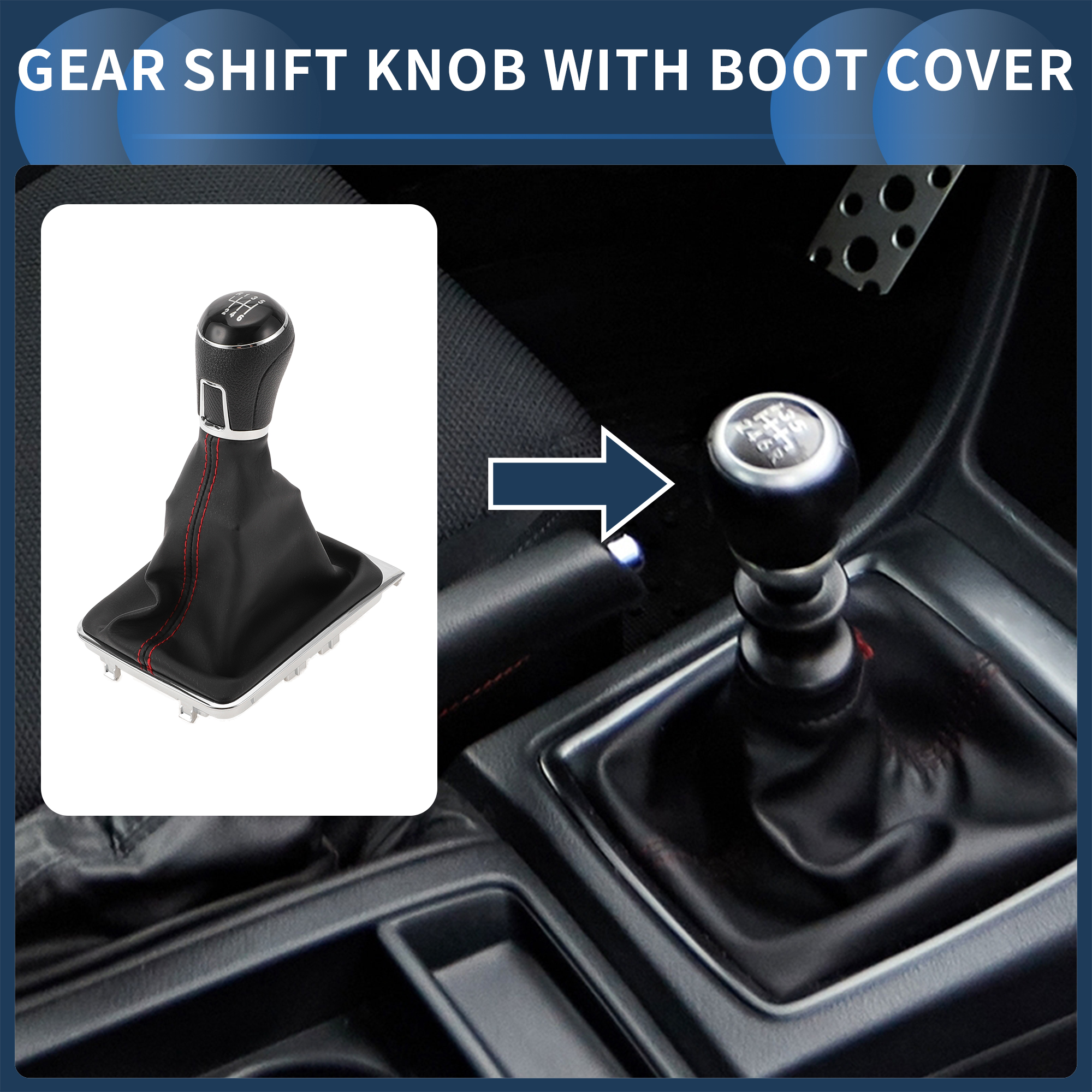 Unique Bargains 6 Speed Manual Gear Shift Knob with Cover, Gearbox Stick Shifter Lever Knob No.3AA711113A for VW Passat 2013-2021 Plastic Faux Leather Black Red, 1 Pc