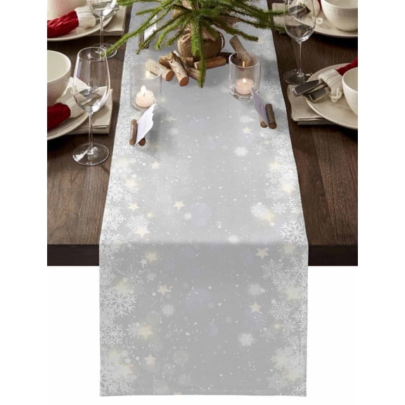 Grey Snowflake Christmas Cotton Linen Table Runner for Dining Kitchen, Winter Xmas Snowflake Farmhouse Wedding Outdoor Party Tablerunners Decoration, Dresser Scarf Coffee Tablecloth Runners 18"x72"