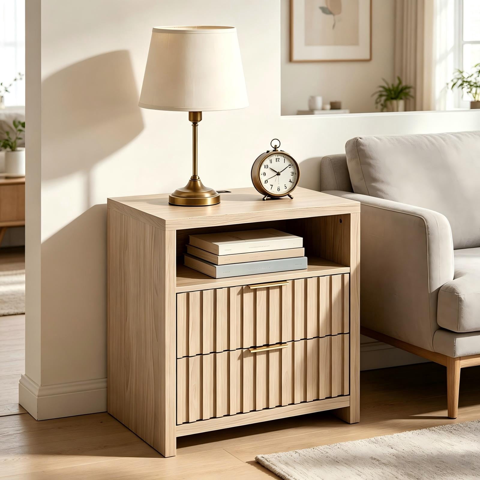 2-Drawer 1-Shelf Honeycomb Board + MDF Bedside Table 23.6 x 15.6 x 25.2 in Light Gray Wood