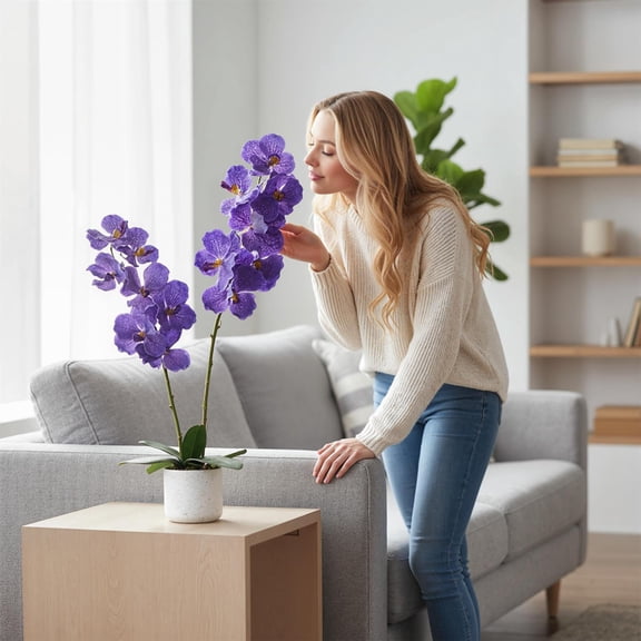 31" Artificial Orchid Flowers, Fake Flowers with White Planter and 14 Bloomings, Realistic Orchids Artificial Flowers for Living Room Bathroom Kitchen Home Office Decor, Purple