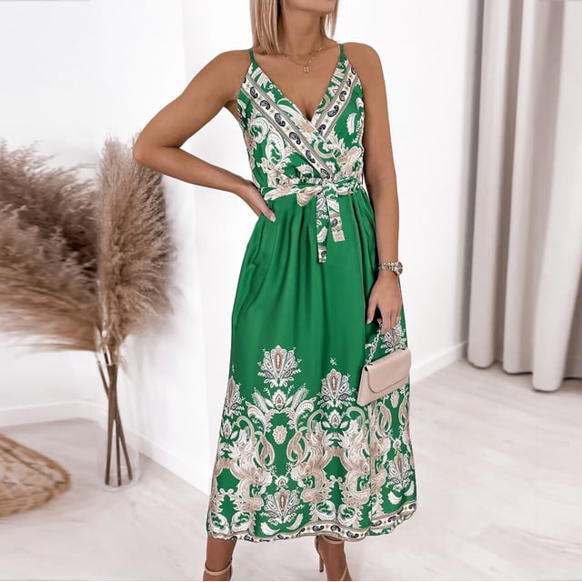 HKEJIAOI Robes Décontractées en Solde Robe Florale pour Femmes Mode Été Sexy Angleterre Bretelles Réglables Sans Manches Imprimée Col en V Fendue Verte
