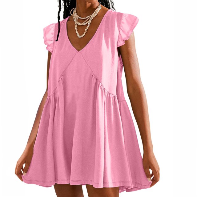 Puntoco Vestido De Manga Corta Con Cuello En V, Minifalda Con Cuello En V De Color Sólido Con Manga Con Volantes Para Mujer, Color Rosa, Xxl