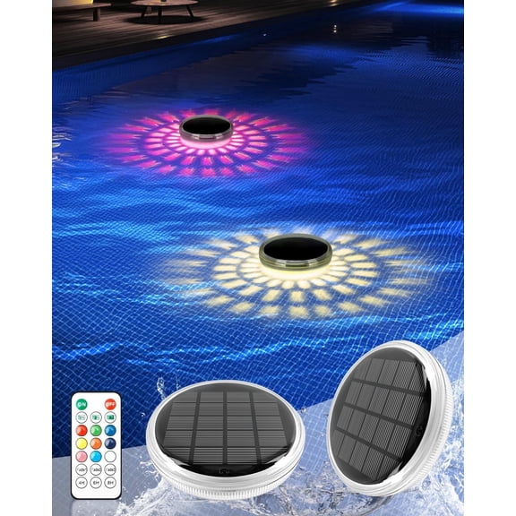 Solar Pool Lights 2 Pack with Remote - 9 Color Changing Modes & Timer, IPX7 Waterproof. Floating Rechargeable Lights for Pools, Bath Tubs, Hot Tubs & Party Decorations - Auto Sunset Sensor