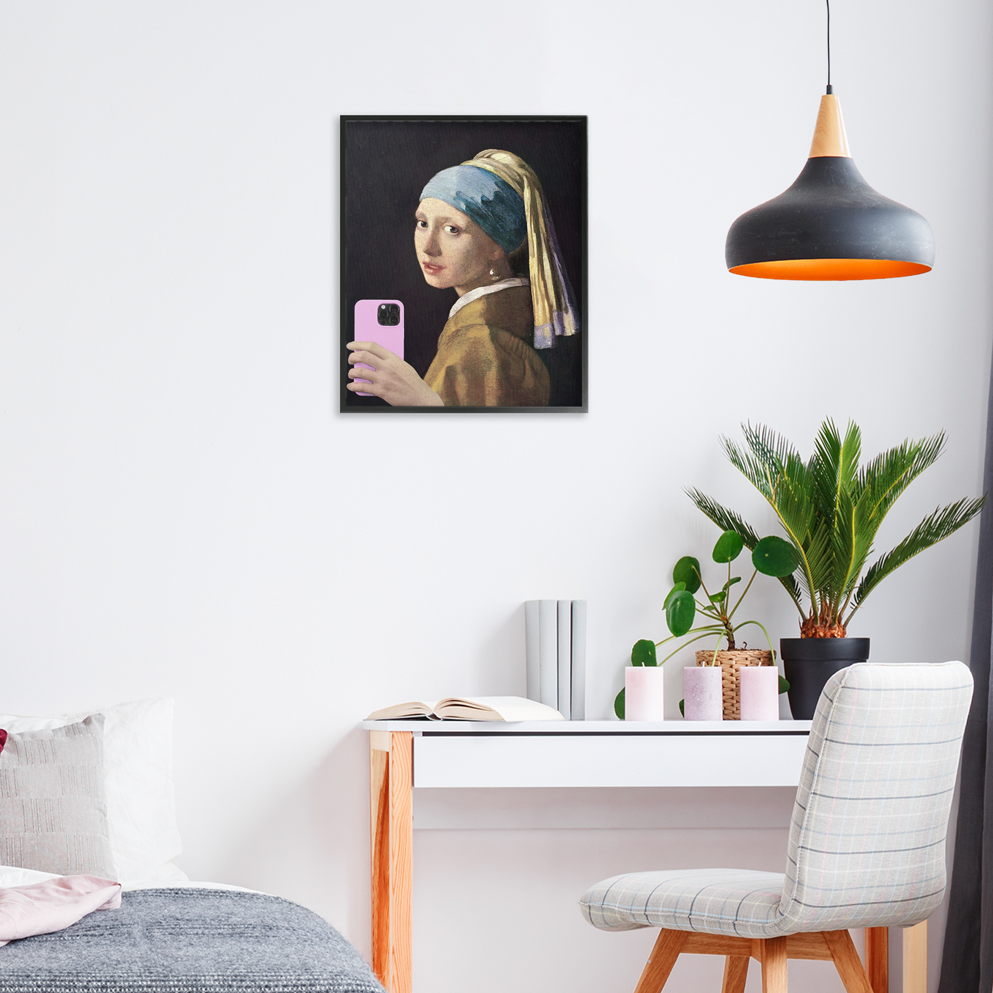Girl With Pink Phone Funny Black Framed Giclee Art, design by Masters Redux