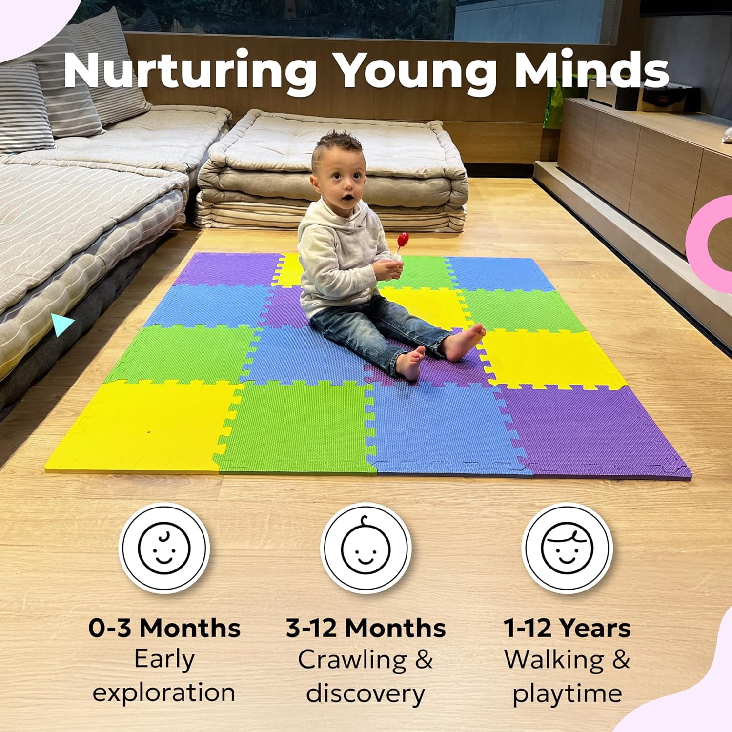 Foam Floor Tiles for Kids - Non-Toxic Comfortable Baby Play Mat and Interlocking Foam Tiles, Fits with 50x50 Playpen Mat for Crawling & Development, Soft Play Mat for Babies 6-12 Months