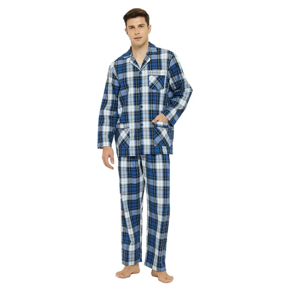 GLOBAL Men's Long Sleeve Plain Weave Pajama Set Cotton Sleepwear Comfy Loungewear Fresh Blue Plaid M