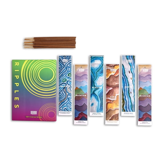 HelpUsGreen Incense Sticks, Set of 6 Fresh Scents — Amber, Myrrh, Green Tea & More, Charcoal-Free -120 Sticks for Nature lovers- Ripples