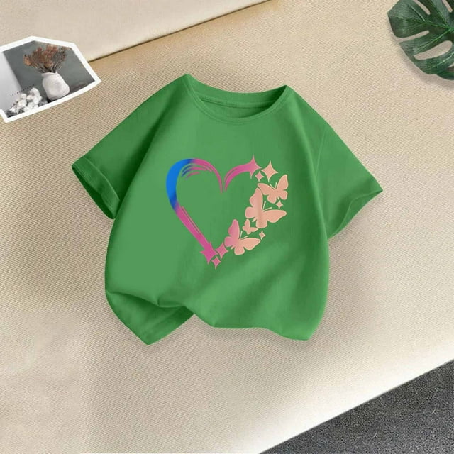 Rbaofujie T-Shirt à Manches Courtes à Col Rond pour Fille avec Imprimé Cœur, T-Shirts Graphiques, Haut Mignon