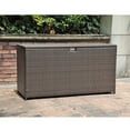 thumbnail image 2 of JOIVI Large Outdoor Patio Storage Box, 120 Gallons Wicker Aluminum Frame Deck Box with Hinged Lid, All-weather Rattan Storage Bin for Patio Cushions, Garden Tools and Pool Toys, Brown, 2 of 7